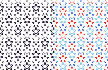 Stars seamless patterns collection. Black ink doodle silhouettes, hand drawn backdrop in blue marine, red vertical raws. White easy editable color background. Vector