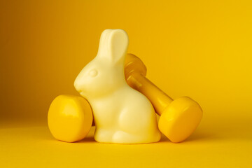 Chocolate Easter bunny with heavy dumbbells on yellow background. Healthy fitness lifestyle...