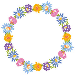 Decorative floral wreath from drawn colorful camomiles flowers