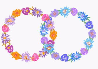Decorative floral wreaths of abstract drawn colorful camomile flowers