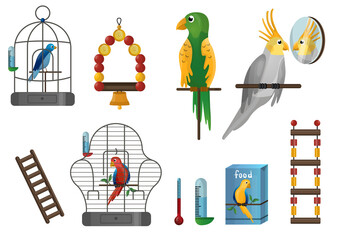 Parrot in cage and care supplies in cartoon style. Pet shop