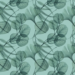 Watercolor greenery pattern, dusty green transparent leaves. Hand painted watercolor on a green background 