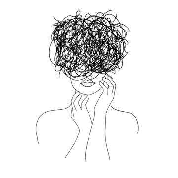recommend clip art: Anxiety disorder, depression, mixed emotions. Thinking woman. Messy lines. Minimalistic abstract conceptual female portrait. Linear female body. Modern abstract line art style. Vector illustration. 