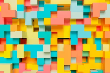 Fotobehang Minecraft 3D rendering colorful abstract geometric wall with cubes. Background horizontal format with pastel colors and offset elements. Abstract shapes from tetris game. 3d image.  © Игорь Жуков