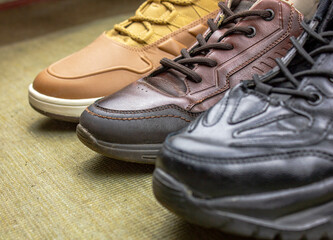Men's shoes. An assortment of shoes. Various shoes. Leather shoes.