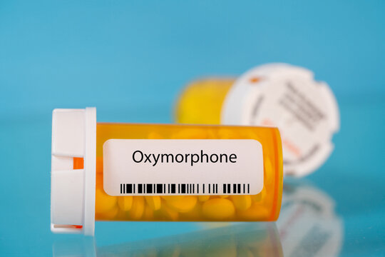 Oxymorphone. Oxymorphone pills in RX prescription drug bottle
