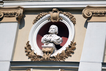 Bust of Ukrainian writer Gogol on the pediment of the Opera House in Odessa, Ukraine