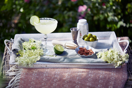 Cocktail, appetizers and flowers on tray in garden