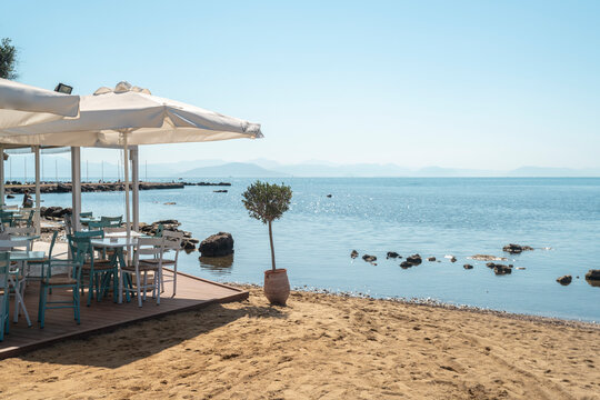 Greece, Corfu island, Restaurant on sandy beach