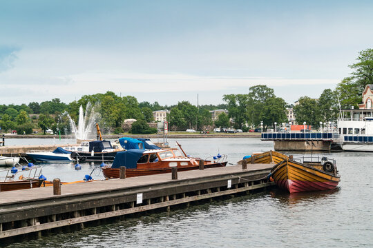 Sweden, Vastervik, Boats moored at pier