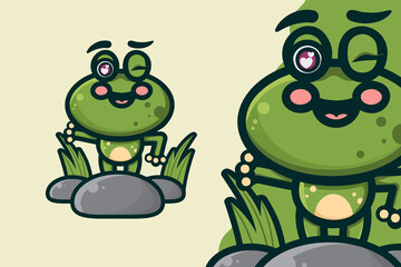 Cute Green Frog on The Rock Cartoon Vector