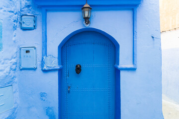 Morocco, Chefchaouen, Doors of traditional blue house