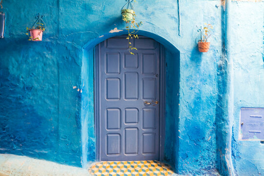 Morocco, Chefchaouen, Door and potted plant at traditional blue house