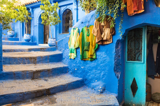 Morocco, Chefchaouen, Traditional blue house and steps