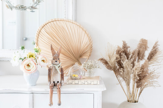 Wooden bunny and pampas grass spring home decor