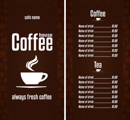Coffee House menu. Always fresh coffee. Brown background