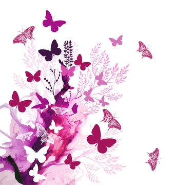 Abstraction pink watercolor with butterflies. Vector illustration