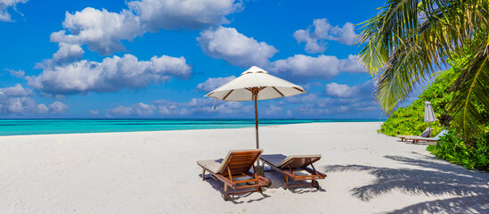 Beautiful tropical beach banner. White sand coco palms travel tourism wide panorama. Summer sea...
