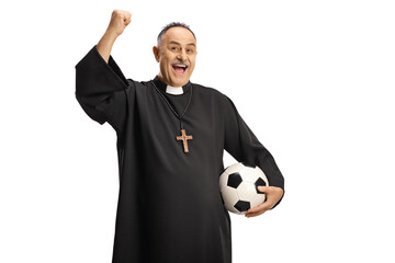 Happy priest football supporter holding a ball and cheering - obrazy, fototapety, plakaty