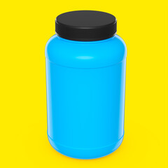 Blue plastic jar for sport nutrition whey protein powder isolated on yellow
