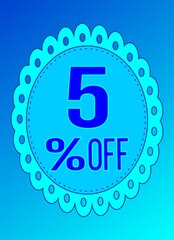 -5 percent discount. 5% discount. Up to 5%. Blue and Royal banner with floating balloon for promotions and offers. Up to. High Resolution.  Discount and offer board.