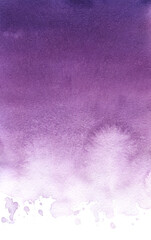 Abstract real watercolor gradient background. Gradient from deep purple to soft lilac. Light blots and stains of liquid paint. Hand drawn fade on textured toned paper.