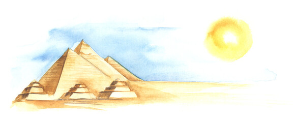Pyramids of Egypt. Three large and three small pyramids in valley of kings under scorching sun, hot day. Hand painted watercolor illustration. Colorful light sketchy drawing on white paper background