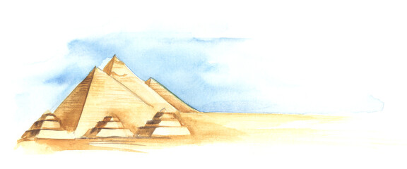 Pyramids of Egypt. Three large and three small pyramids in the Valley of the Pharaoh. blue cloudless sky. Hand painted watercolor illustration. Colorful light sketchy drawing on white paper background - 497131039