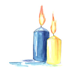 Two wide burning candles with long bright lights on wicks. Yellow and blue interior candle. Remembrance symbol. Hand painted watercolor illustration. Colorful sketchy drawing on white paper background