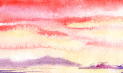 Simple picture of sunset near lake. Mountains sky in purplish pink tones Golden setting sun. Hand drawn watercolor landscape. Interior art painting. Nature illustration on textured paper