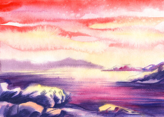 sunset mountain lake, bright colors. Pink purple earth, Golden setting sun fabulous island late twilight. Hand drawn watercolor landscape. Interior art painting. Nature illustration on textured paper