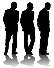 Young people in fashionable clothes on the street. Isolated silhouettes on white background