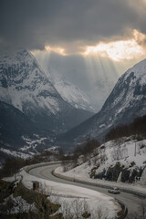Fototapeta premium Sunset over snow covered Strynefjell mountian