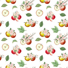 Seamless pattern with hand drawn red apples, apple tree flowers and leaves on a white background