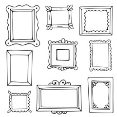 Set of hand drawn doodle frames, squares, vector borders design elements.