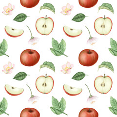 Seamless pattern with red ripe apples, apple tree flowers and leaves on a white background