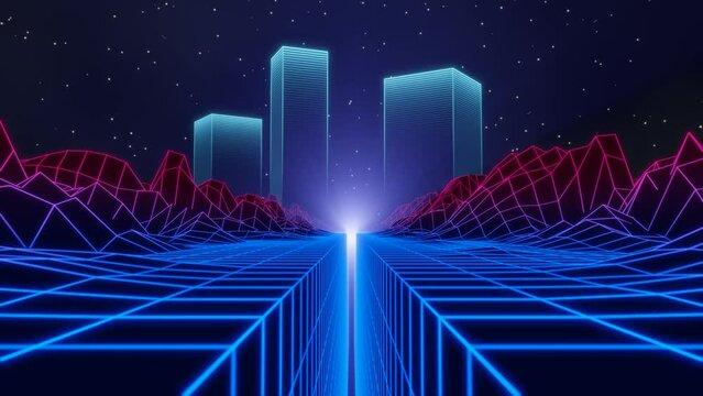 Retro 80s 90s synthwave style looping animation. Moving through mountains to the futuristic cyberpunk city during nighttime.