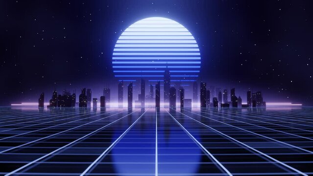 Retro-futuristic 80s style looping animation with night city background. Retro sun moving texture. Synthwave seamless loop night time cyberpunk cityscape for the music video.