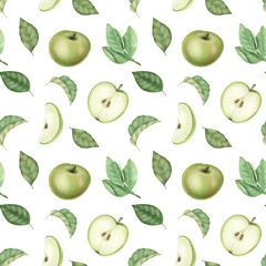 Seamless pattern with ripe green apples and leaves on a white background