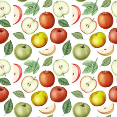 Seamless pattern with ripe green and red apples and leaves on a white background