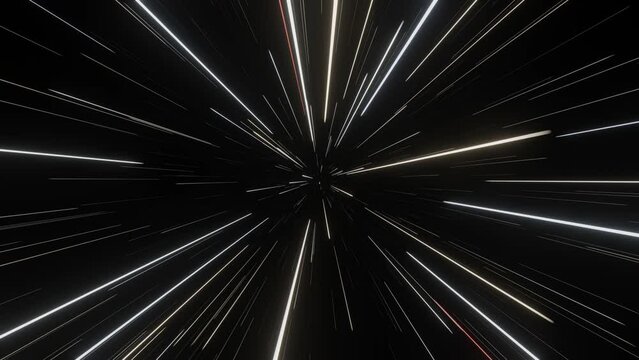 Slowly flying through space then accelerating, entering hyperspace and slowing down. Colorful bright neon speed of light animation. Warp speed scene.