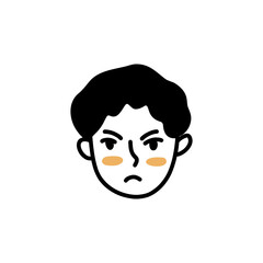 Angry sullen face of guy. Doodle man face. Eyebrows drawn together. Black and white vector isolated illustration. Student or teenage hand drawn
