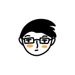Serious face of guy with glasses. Doodle man face. Black and white vector isolated illustration. Student or teenage hand drawn