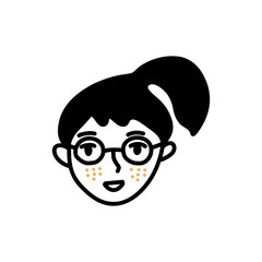 Face of smiling girl with freckles and glasses. Hair pulled back in ponytail. Black and white vector isolated illustration single logo. Happy student or teenager hand drawn
