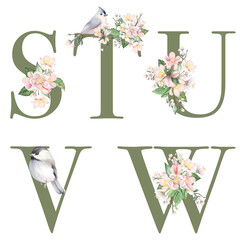 Set of floral letters S-W with apple tree flowers and spring birds, isolated illustration on white background, for wedding monogram, greeting cards, logo
