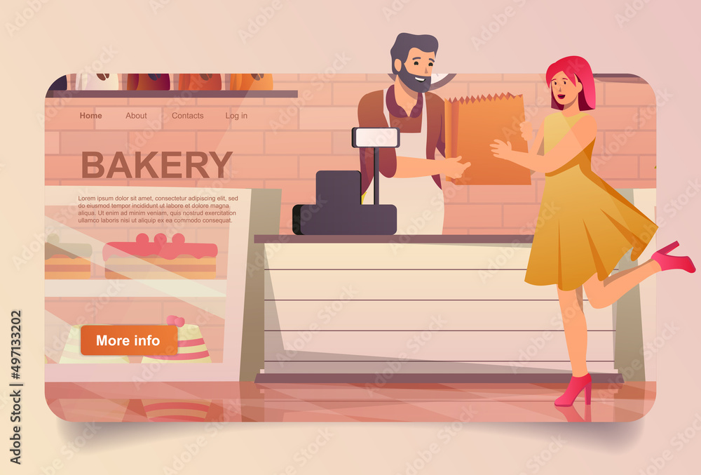 Aufkleber bakery shop with buyer concept in cartoon design for landing page. woman choose desserts in showcase
