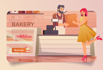Bakery shop with buyer concept in cartoon design for landing page. Woman choose desserts in showcase and buying bread or cakes at checkout from baker. Vector illustration with people for web homepage