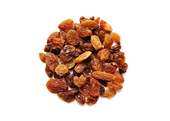 Raisins isolated on white, a top view of a handful of raisins isolated on white background, dry...
