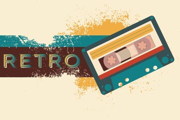 Poster with stylized "Retro" lettering, old audio cassette and stains in vintage style. Vector illustration for advertisements, flyers and invitations.