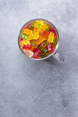 Jelly gummy bears candy. Colorful sweet confectionery.